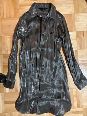 fresh Shiny Metallic Black Button-Up Shirt Dress